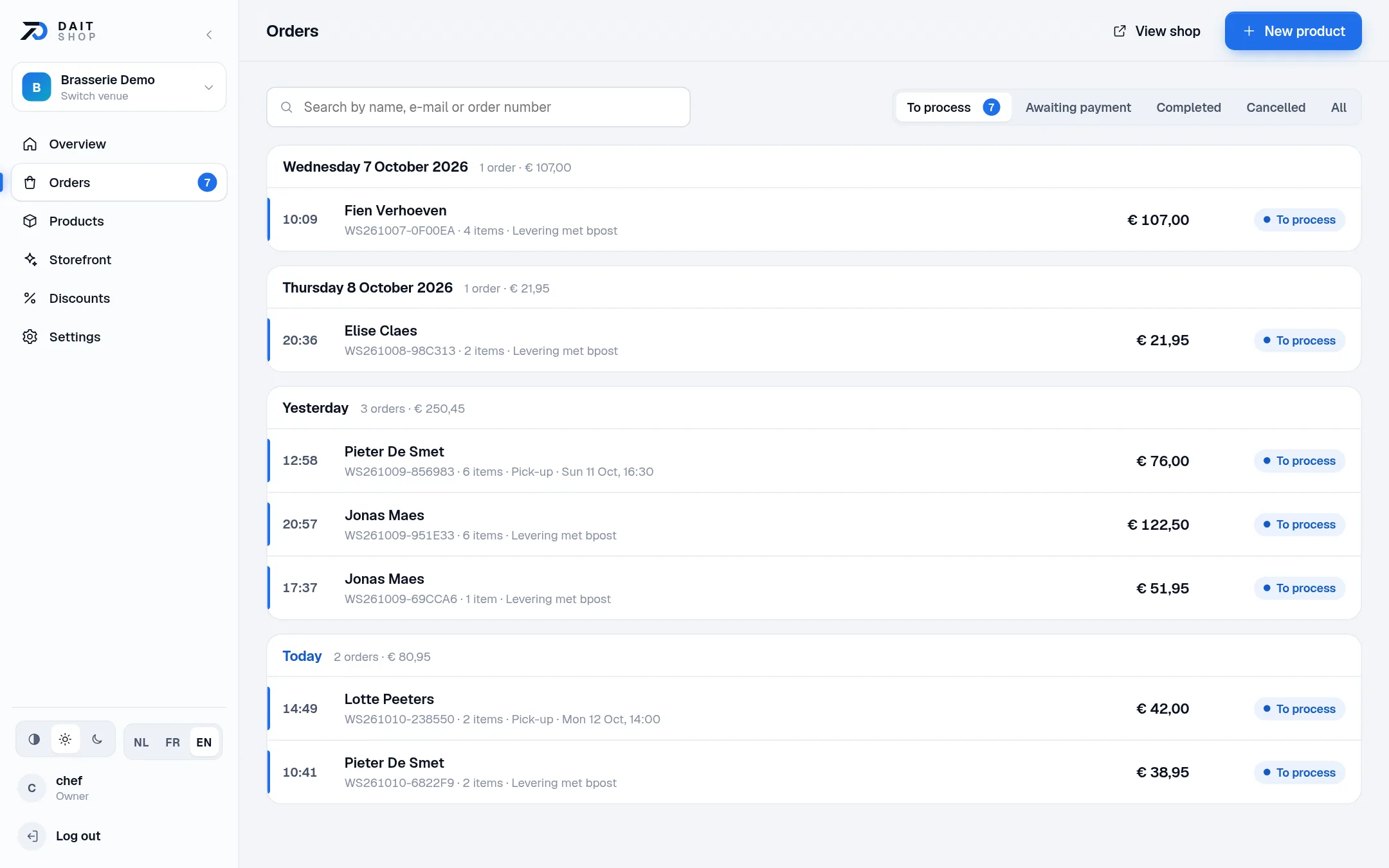 Orders: Every order with payment, delivery or pick-up time.