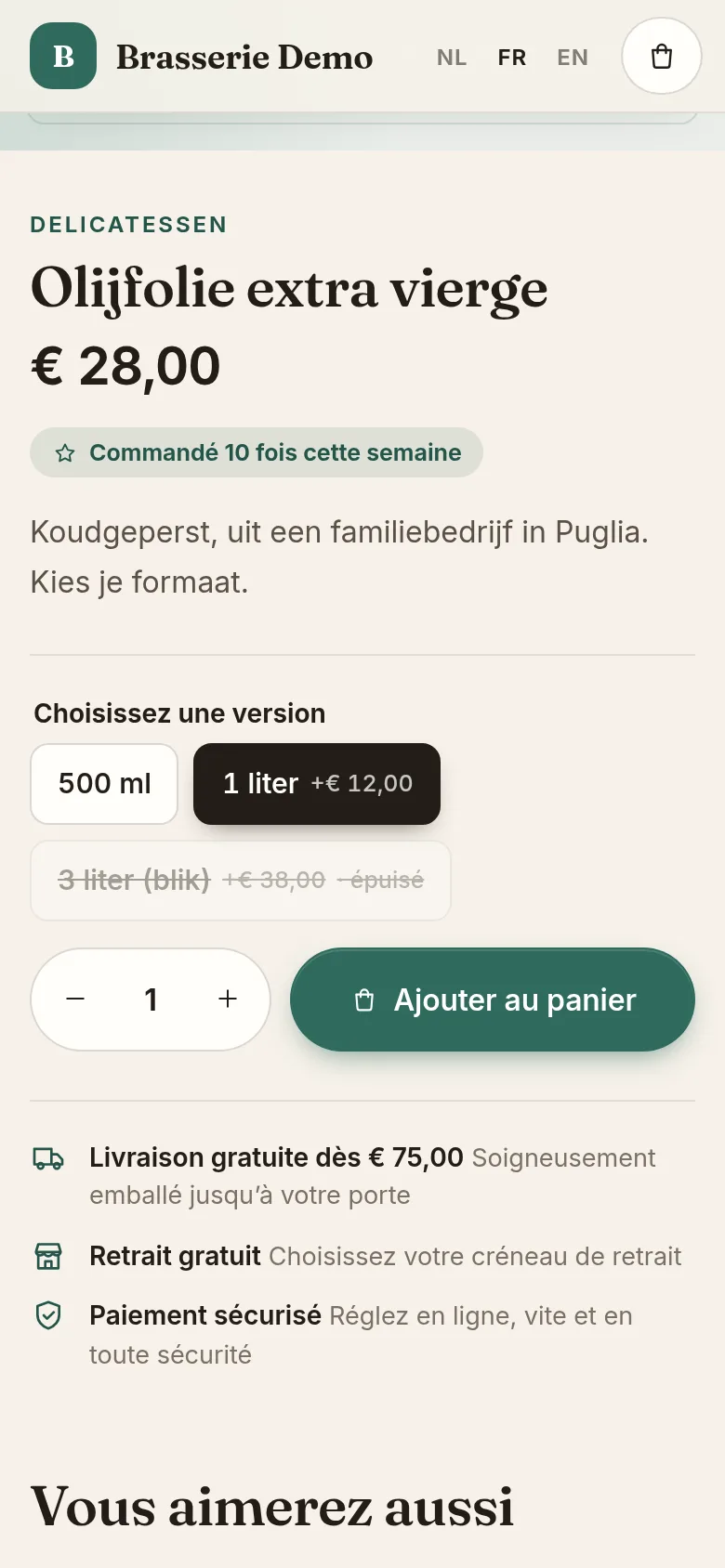 Une fiche produit avec variantes sur mobile
