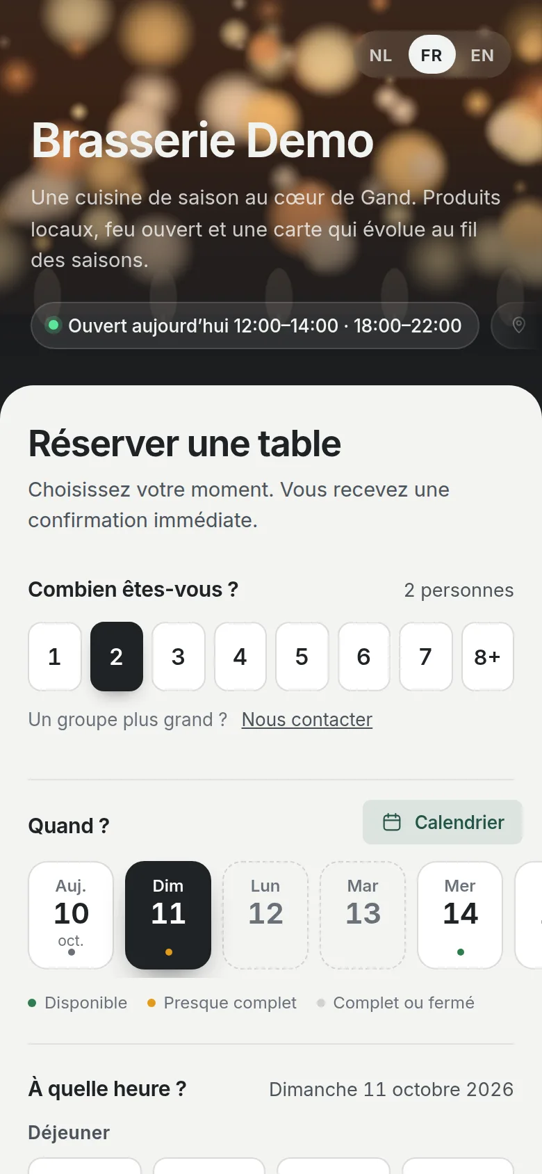 La page de réservation sur mobile